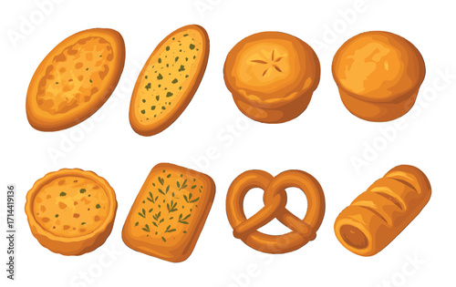Bakery goods flat icons set. featuring pie, quiche, tart, pretzel, sausage roll, and bread symbols