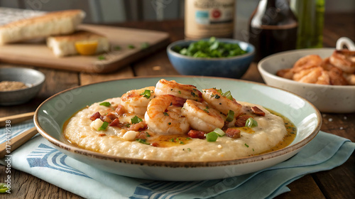 Delicious shrimp and grits dish served on a rustic wooden table