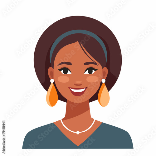 Portrait of a beautiful smiling young dark-skinned woman with an afro hairstyle. A happy female character avatar isolated on a white background