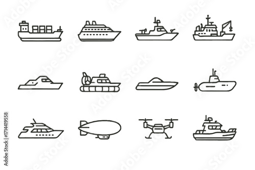 Cargo stealth submarine icon speedboat types vector airship luxury ship boat