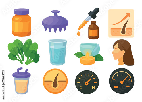 Hair care and spa flat icon set. featuring conditioner, massager, serum, scalp, spinach, hydration, candle