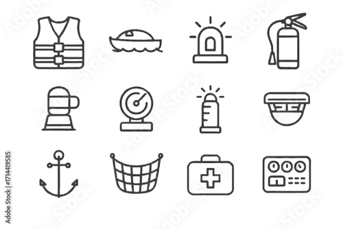 Vector smoke anchor icon alarm kit safety panel icons ship control emergency