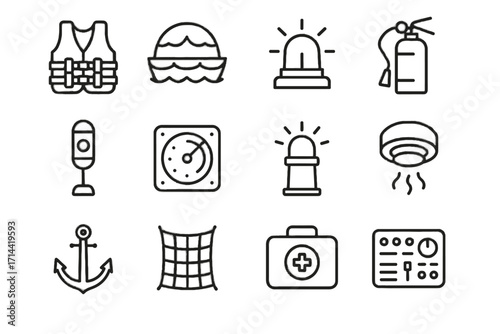 Vector lights radar safety extinguisher icons ship emergency life detector lifeboat icon