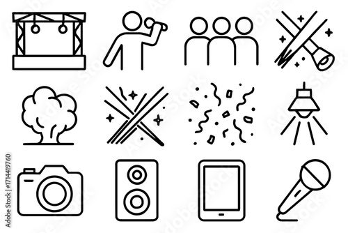 Collection stage light microphone icon smoke confetti camera laser spotlight concert vector