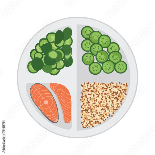A healthy balanced meal on a portion control plate with salmon, quinoa, brussels sprouts, and sliced cucumbers.
