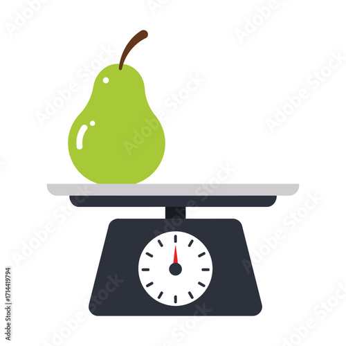 A green pear is placed on a kitchen scale to measure its weight.