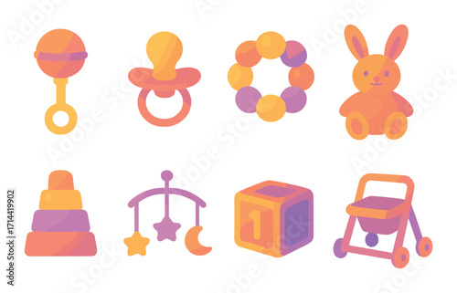 Baby gear silhouette icon set. featuring rattle, pacifier, teether, bunny, block, stroller, mobile, toy