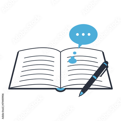 An illustration of an open book with a pen and a speech bubble, symbolizing writing, learning, and communication.