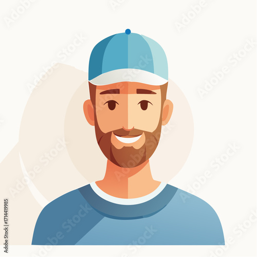 Vector portrait of a handsome smiling man with a beard wearing a blue baseball cap. Modern flat style character illustration for a user profile or avatar