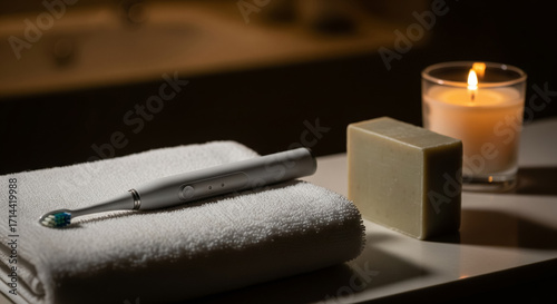 Electric Toothbrush on White Towel with Candle and Soap