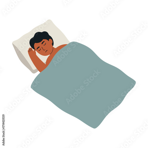 A person sleeping soundly in a bed, covered by a light teal colored blanket.