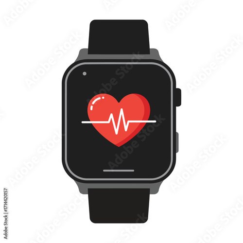 A smartwatch displays a red heart with a white heartbeat line, indicating health monitoring.