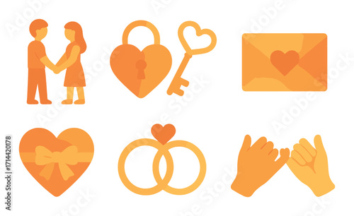 Valentine's day silhouette icon set. featuring couple, lock, key, envelope, heart, rings, hands