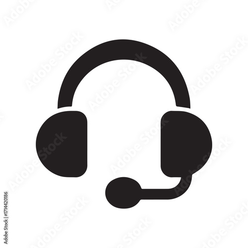 Black Headset Icon with Microphone Isolated on White Background