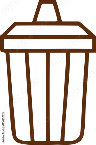 A simple line art illustration of a brown trash can, depicting a common waste receptacle with a lid and vertical striped body, suitable for environmental or organizational concepts