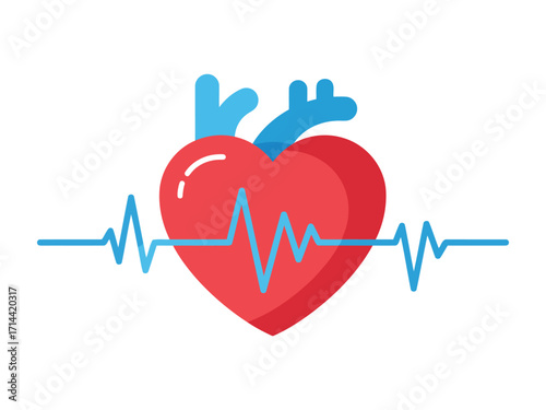 Red heart with blue arteries and an electrocardiogram (ECG) line, symbolizing health, vitality, and a strong heartbeat.