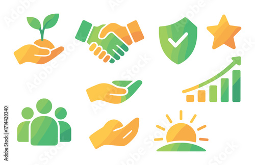 Environment and growth flat icons set. featuring sustainability, handshake, shield, community, and sunrise symbols