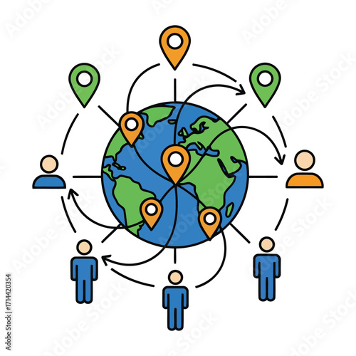 Illustration depicting global connections, communication, and the interconnectedness of people worldwide.