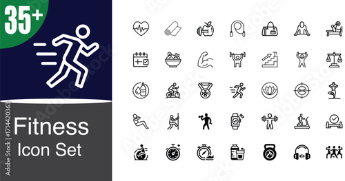 Diverse fitness icon set for health wellness sports and exercise 35+ graphics