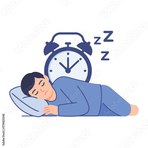 A cartoon illustration of a man sleeping soundly in blue pajamas next to an alarm clock with 'zzz' symbols, depicting peaceful rest.