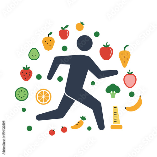A stylized illustration of a person running, surrounded by a vibrant assortment of fruits and vegetables, symbolizing a healthy and active lifestyle.