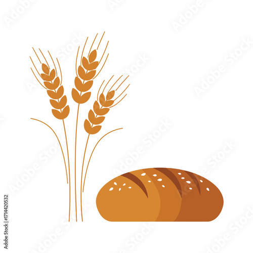 Illustration of a loaf of bread with wheat stalks, representing baking and agriculture.