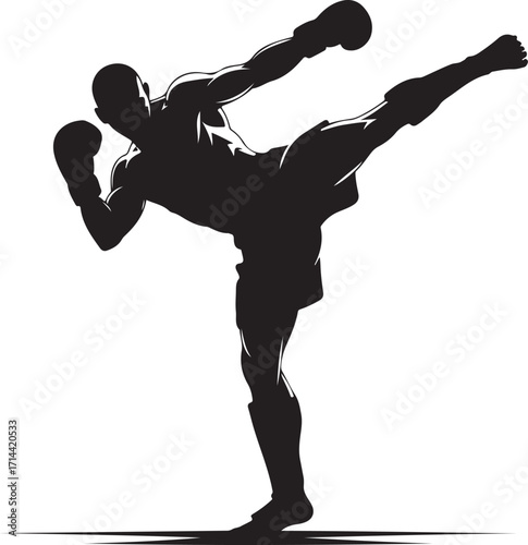  Black silhouette of kickboxer mid-kick, white background, minimal style