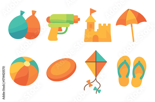 Summer activities flat icon set. featuring balloon, water gun, sandcastle, umbrella, beach ball, frisbee, kite, flip-flops