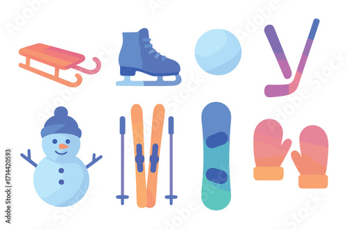 Winter sports and activities silhouette icon set. featuring sled, ice skate, snowball, hockey stick, snowman, skis, snowboard, mittens