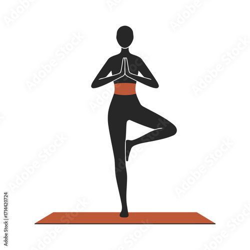 A minimalist graphic illustration of a woman's silhouette practicing the yoga tree pose, Vrikshasana, on a mat.