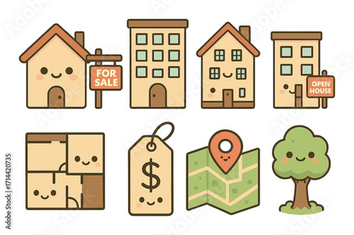 Real estate flat icons set. featuring house, apartment, open house, floor plan, price tag, map, and tree symbols