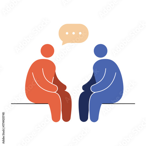 Two seated figures engaged in conversation.