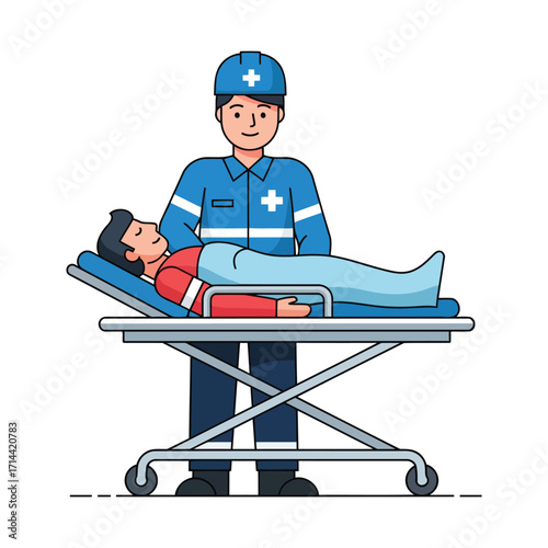 First responder paramedic standing with an injured patient lying on a medical stretcher.