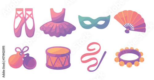 Dance silhouette icon set. featuring ballet shoes, dress, mask, fan, ornaments, drum, ribbon, and tambourine icons