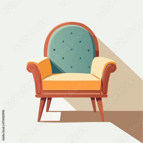 Vintage Tufted Armchair with Orange Upholstery and Shadow Detail, Classic Furniture Illustration