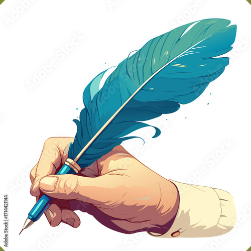 Vector illustration of human hand holding feather quill pen for writing, calligraphy, isolated on a white background