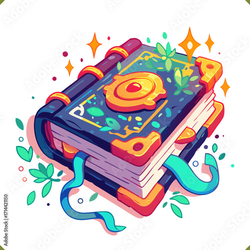 Vector illustration of magical book with glowing emblem, fantasy style, isolated on white background