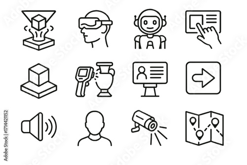 Holographic icons narration model info guide vector ai icon museum futuristic scan