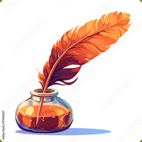Vector illustration of feather pen in glass inkwell with liquid ink, isolated on a white background