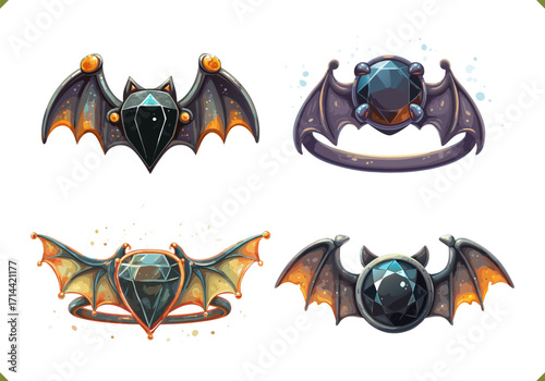 Set of vector illustrations of gothic jewelry rings with bat wings, mystical gemstones and fantasy accessories isolated on a white background
