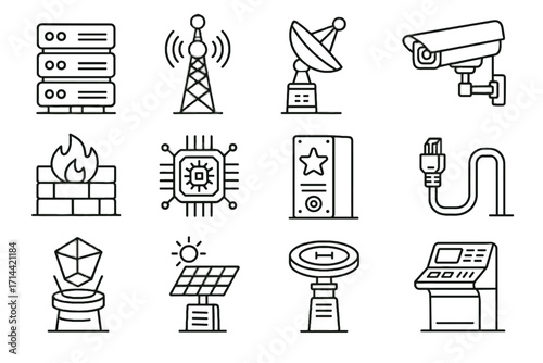 Supply drone power array antenna cable firewall icons cyber technology core vector