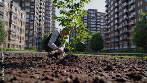 A resident kneels to plant a young tree in a city courtyard, nurturing green space between tall apartment blocks.