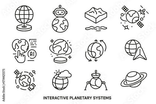 Icons energy holographic orbiting vector icon satellite navigation planetary ai system array