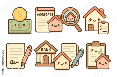 Real estate flat icon set. featuring mortgage, bank, contract, houses, investment, and search icons