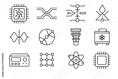 Vector circuit quantum nanowire icon chip pathway housing qubit atomic processor icons