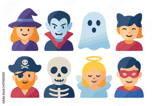 Halloween characters flat icon set. featuring witch, vampire, ghost, cat, pirate, skeleton, angel, and superhero