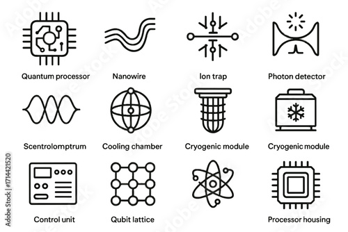 Icons chip vector ion photon circuit lattice entanglement trap quantum qubit icon