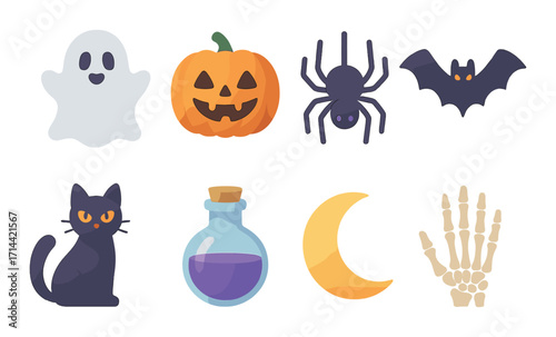 Halloween flat icon set. featuring ghost, pumpkin, spider, bat, cat, potion, moon, and skeleton hand