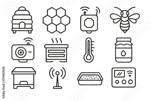 Temperature hive honeycomb panel smart vent vector beehive control camera drone icon