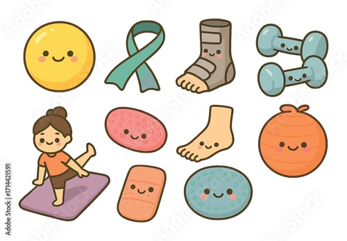 Fitness and wellness flat icon set. featuring smile, ribbon, weights, yoga mat, foot, and exercise ball designs